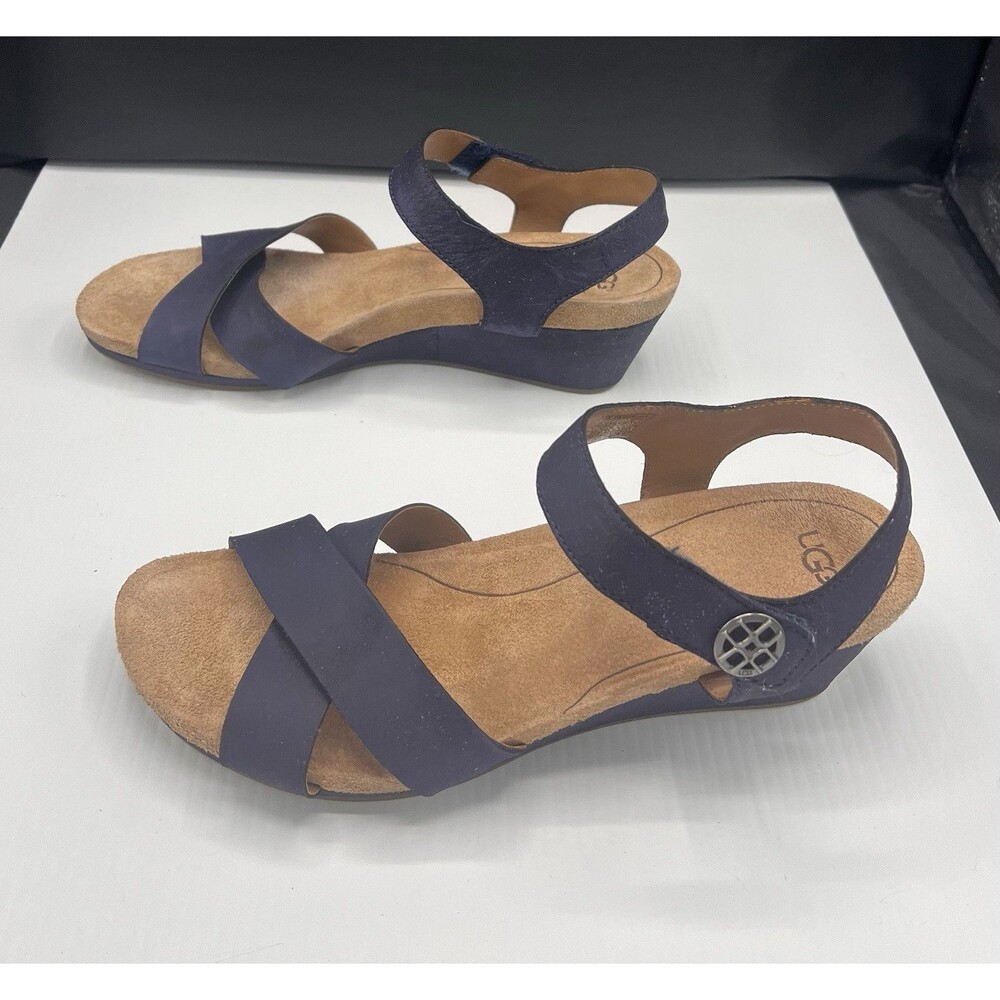 UGG Women’s Navy Leather Strappy Wedge Sandals Hook & Loop US 10 EU 41